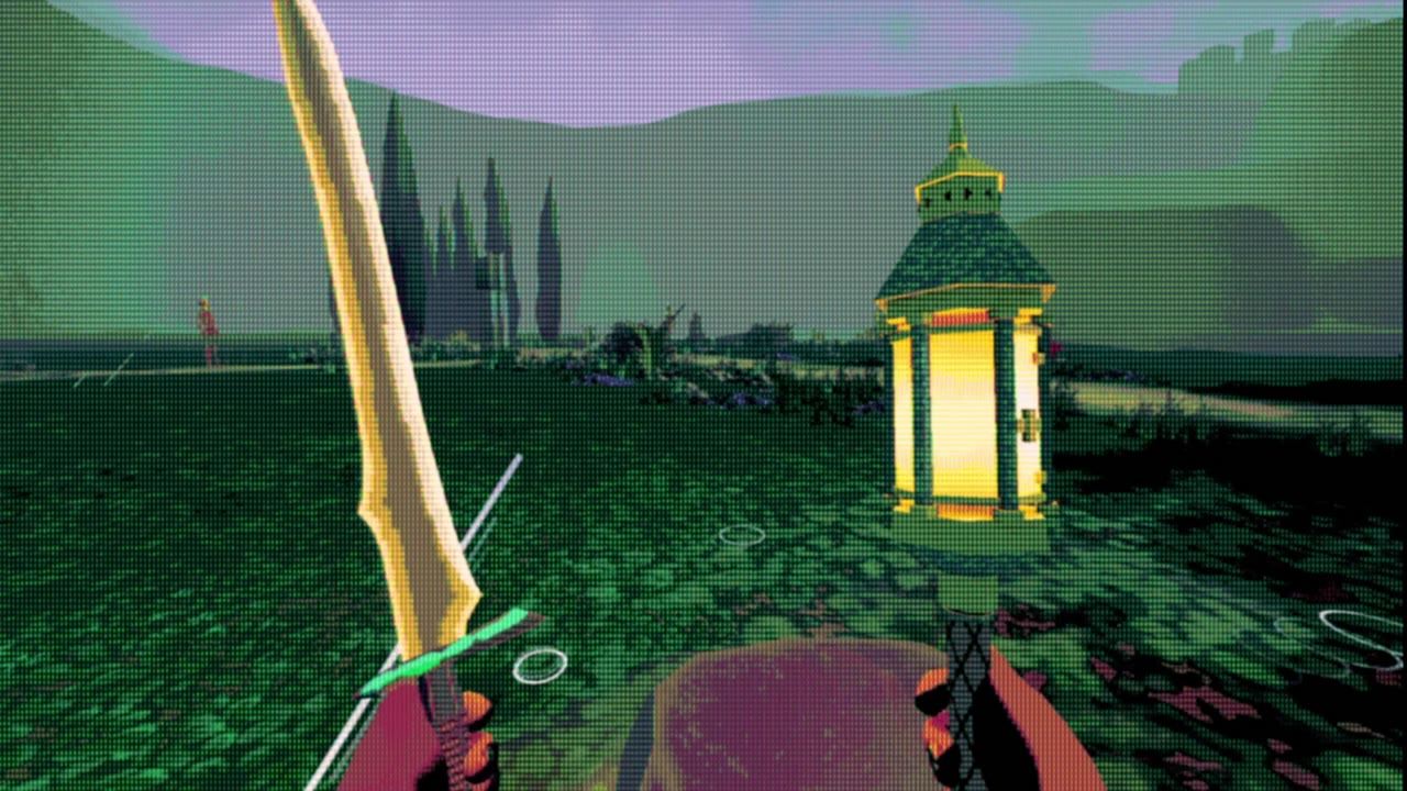 Sword and lantern raised at dusk