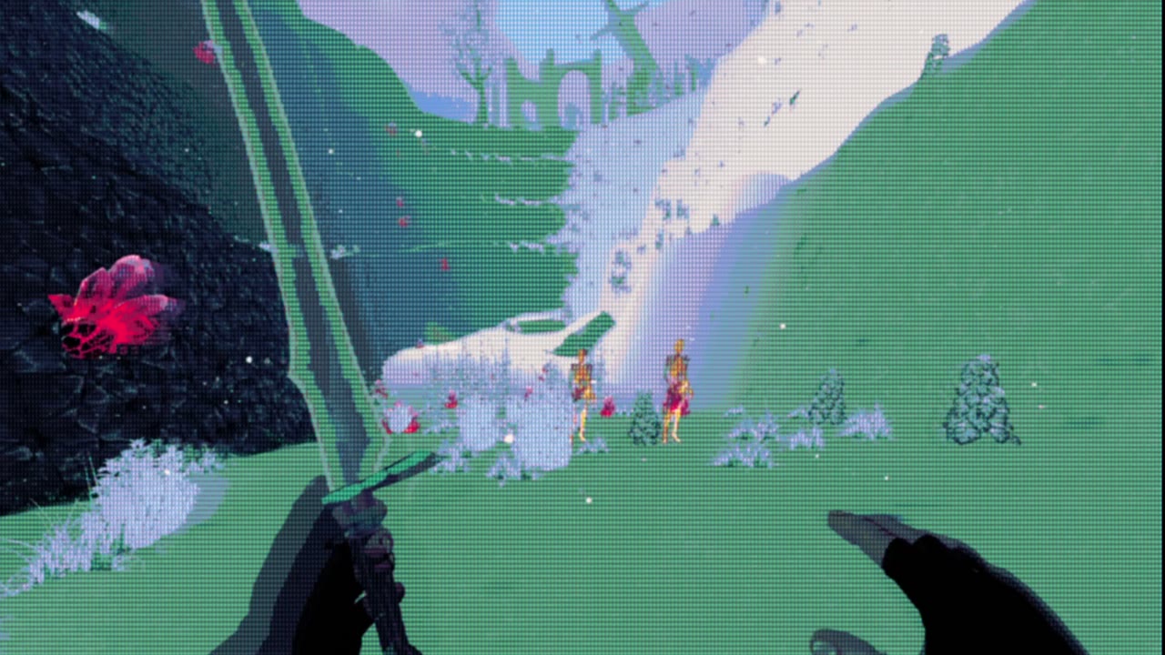 A bright field beneath a frozen falls, sword drawn, figures in the distance