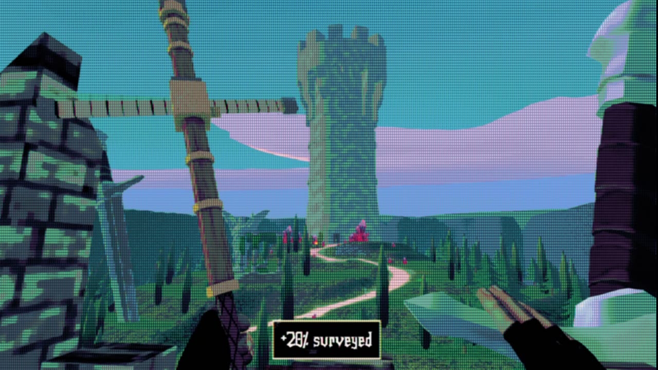 The surveyor's staff unfolding before a distant tower