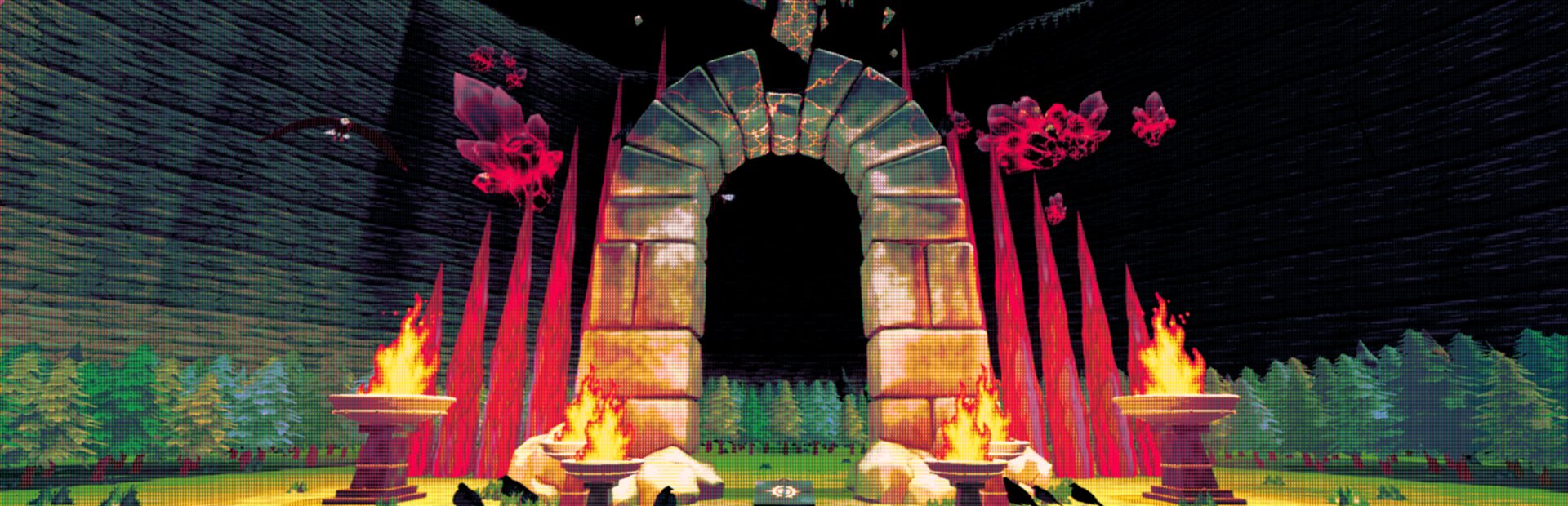 The gate of Vesterra at night, torches burning on either side