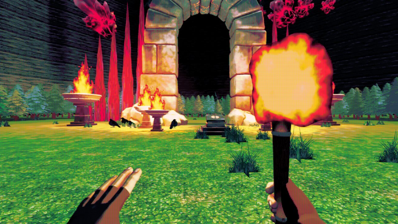 A torch held up before an ancient stone gate