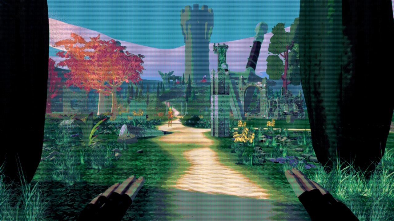 An avenue of tall trees leading toward a distant tower