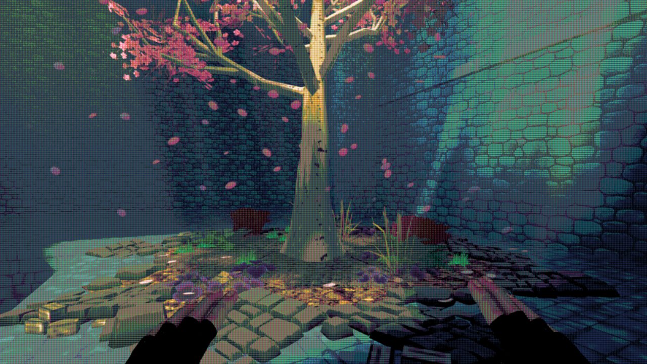 A hall under blossoming cherry trees