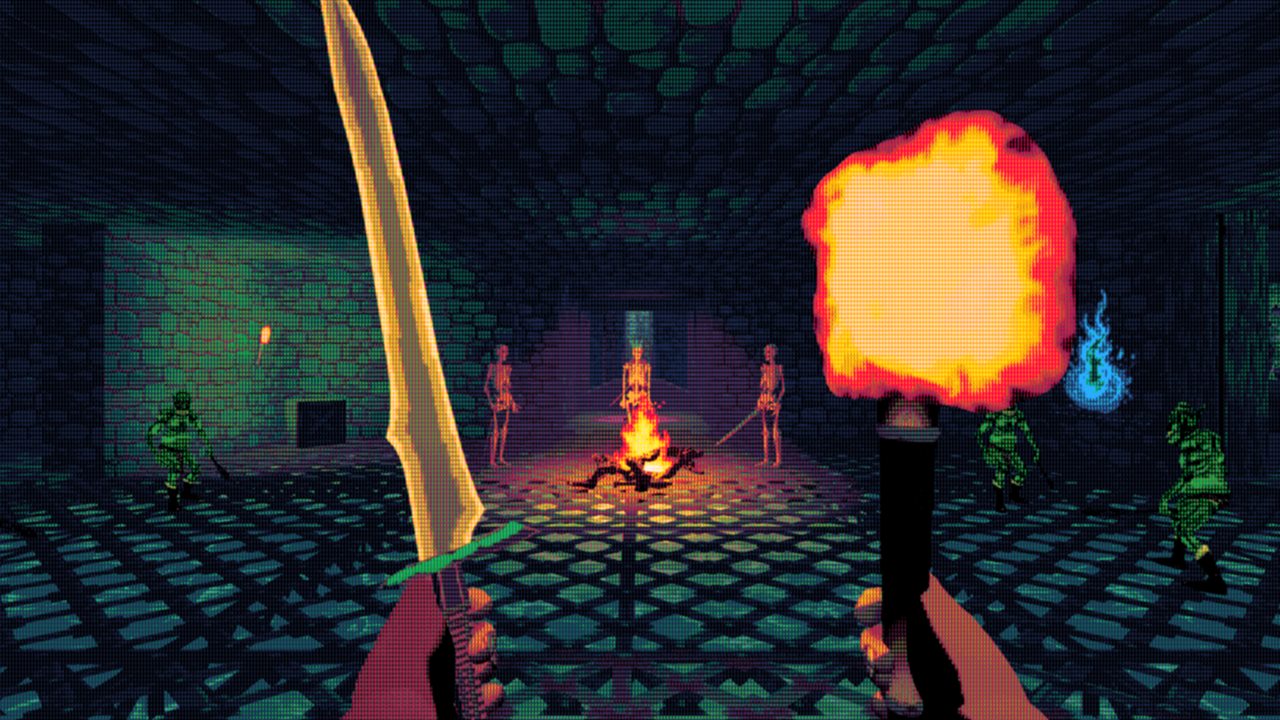 A skeleton warrior lit by firelight in a ruined hall